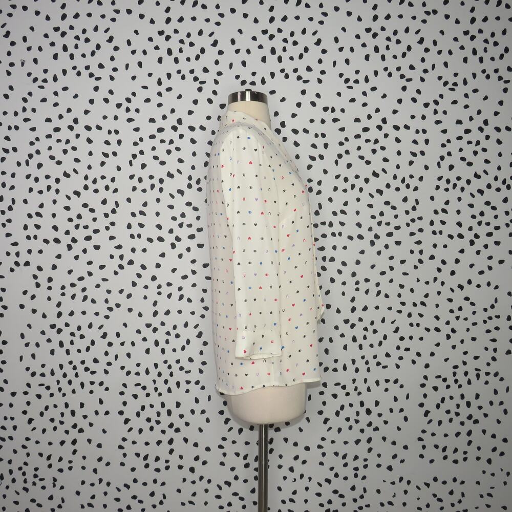 Modcloth Eye Love U Tie Neck Quirky Print 3/4 Sleeve Blouse - Picture 7 of 10